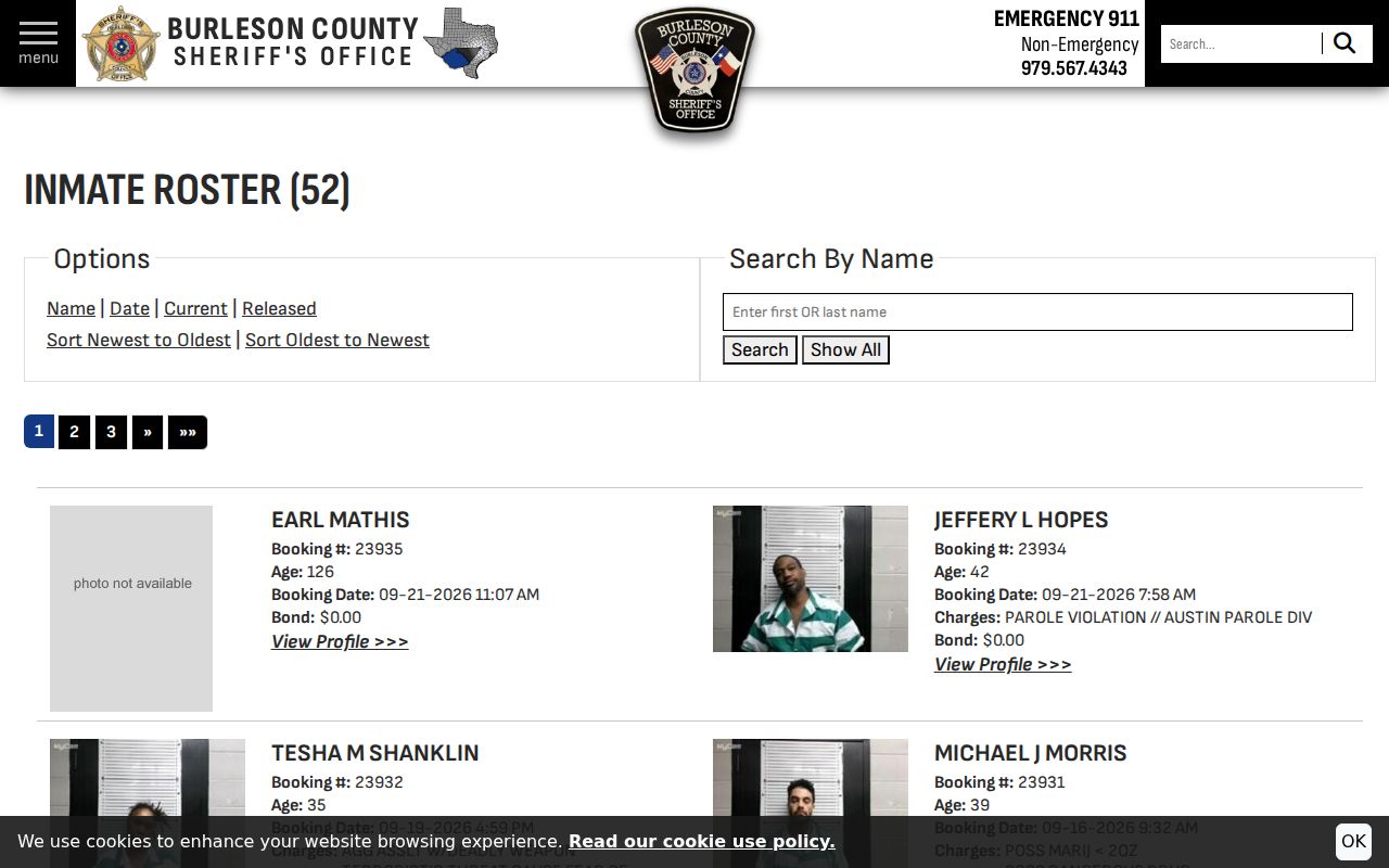 Burleson County booking roster controls, not an active-warrant list
