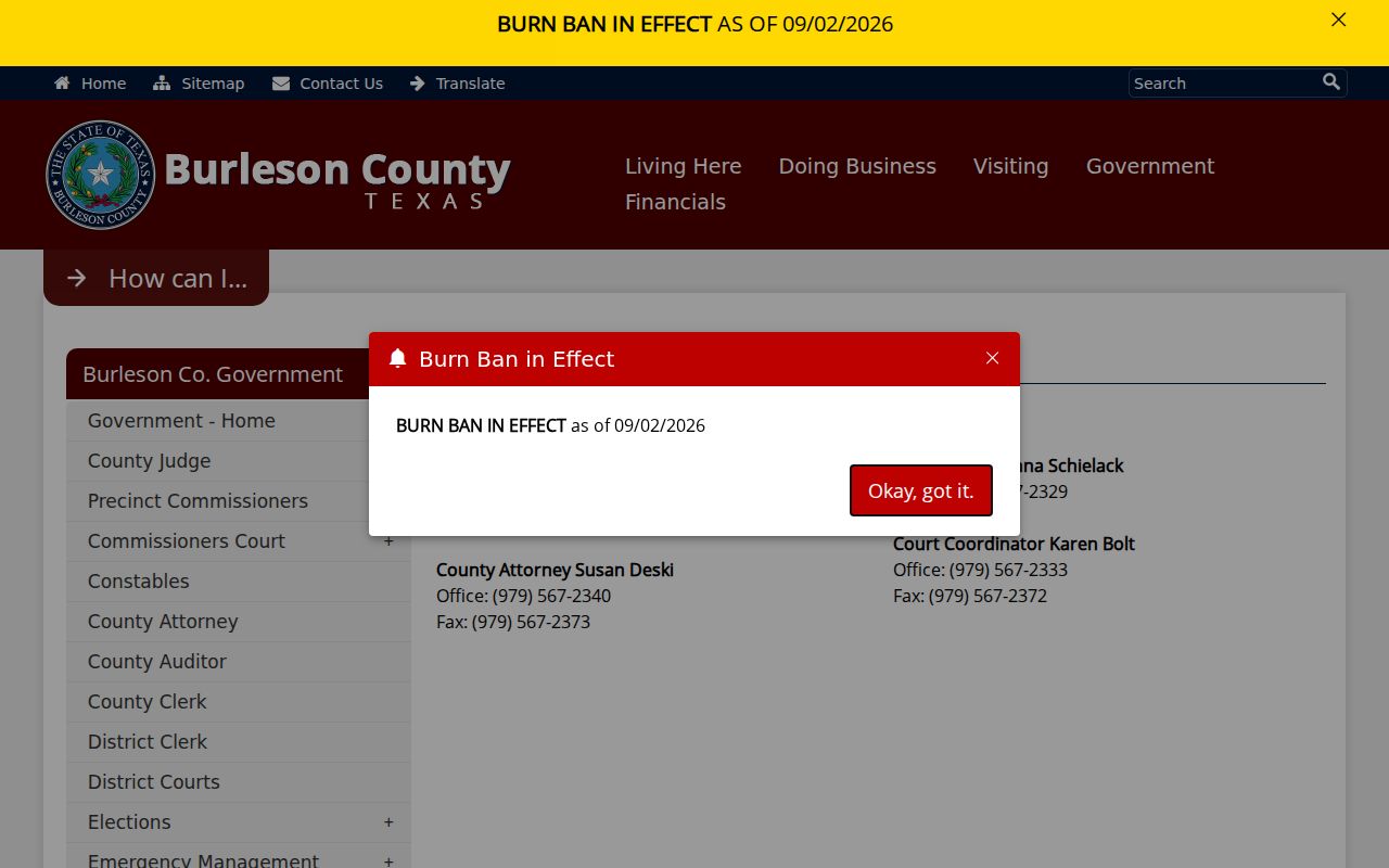 Burleson County Court judge, attorney, and clerk contact routing