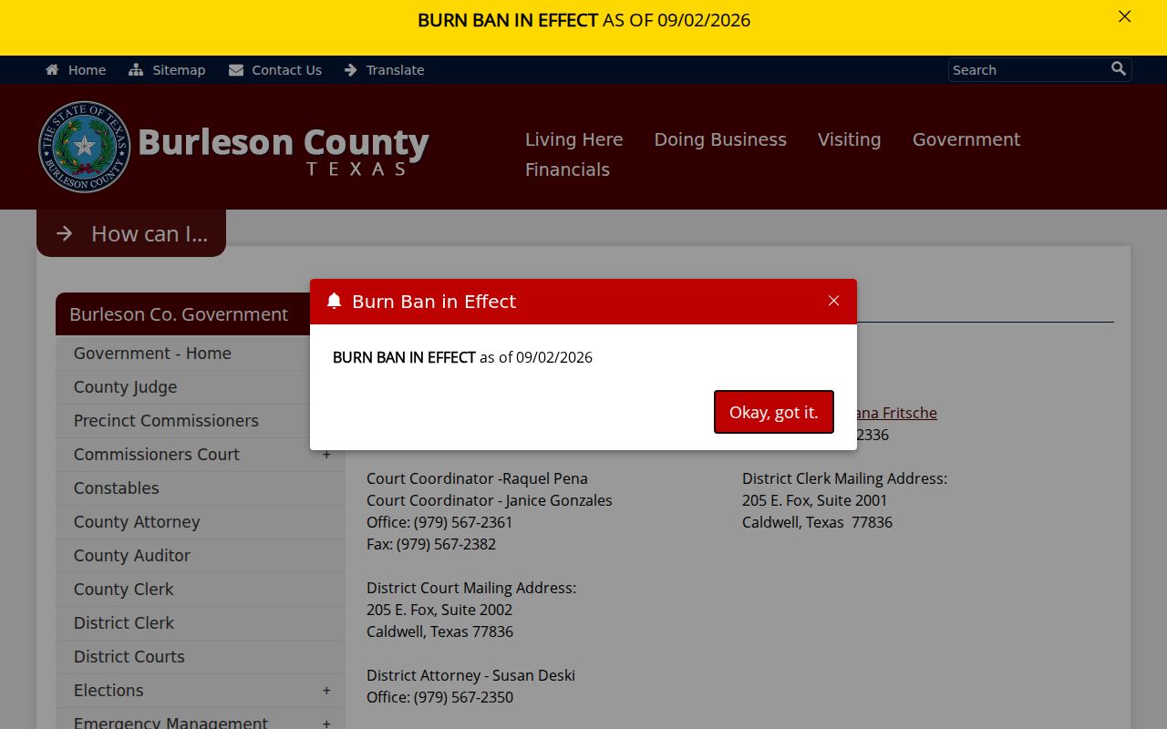 Burleson County District Courts and clerk routing for arrest warrant records