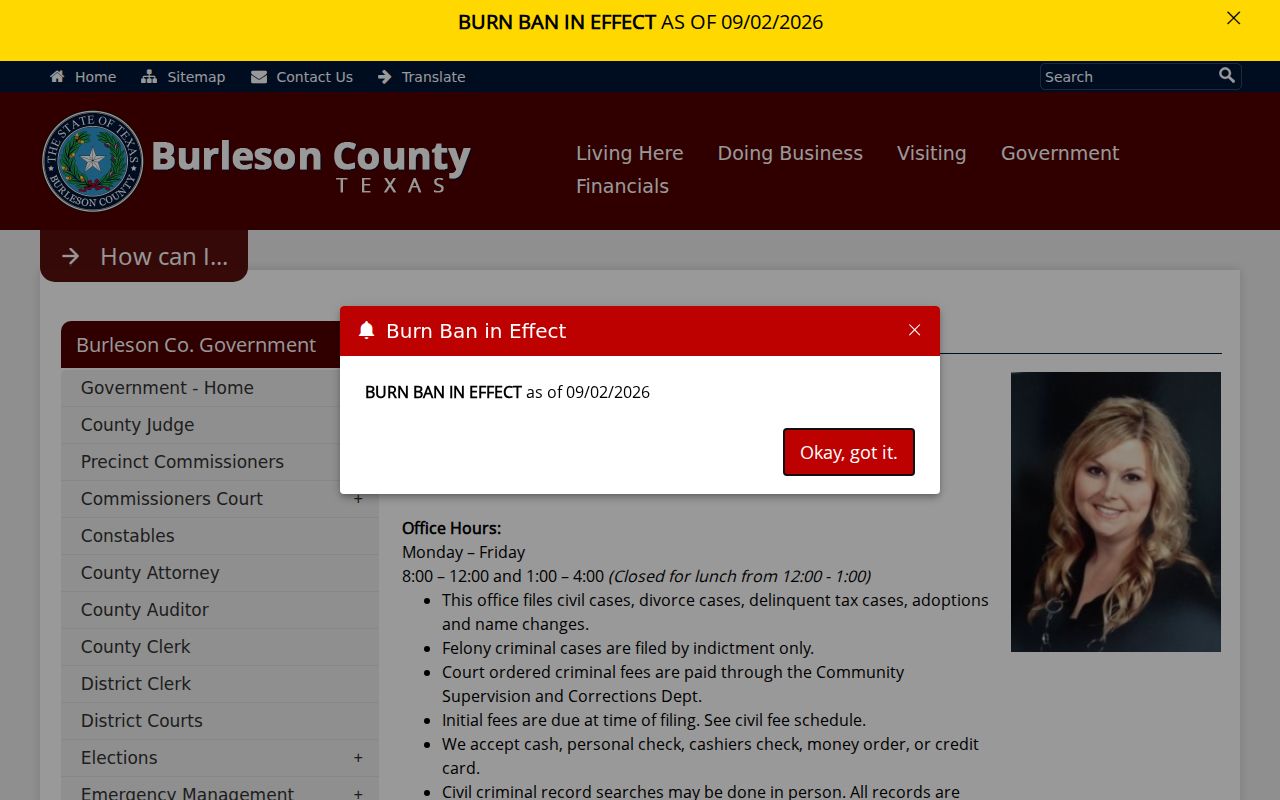 Burleson County District Clerk criminal case search information for bench-warrant routing