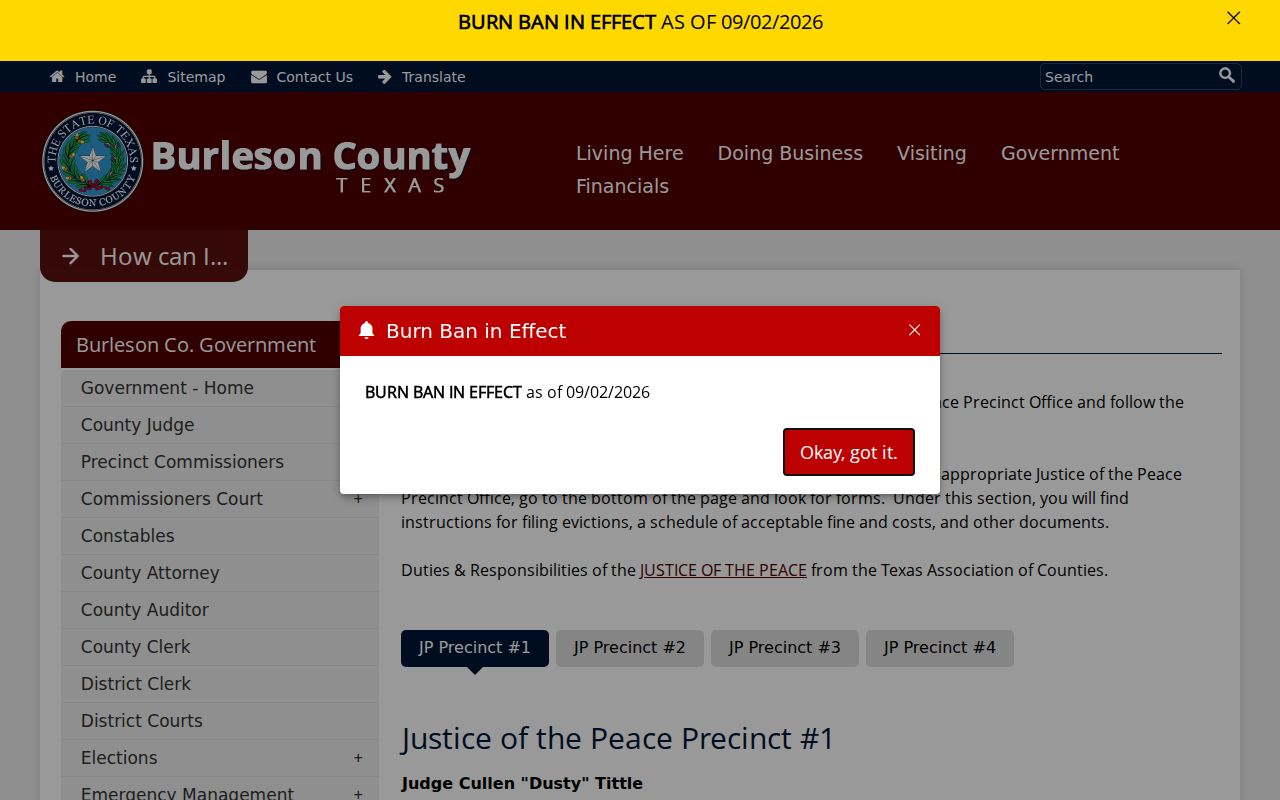 Burleson County Justice of the Peace precinct contact and payment sections for traffic citations