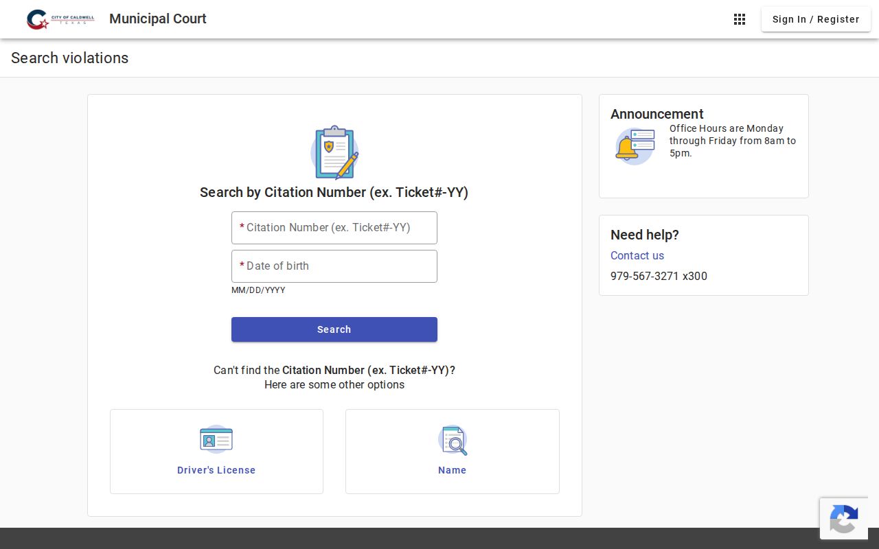 Caldwell citation search fields for a Burleson County warrant check