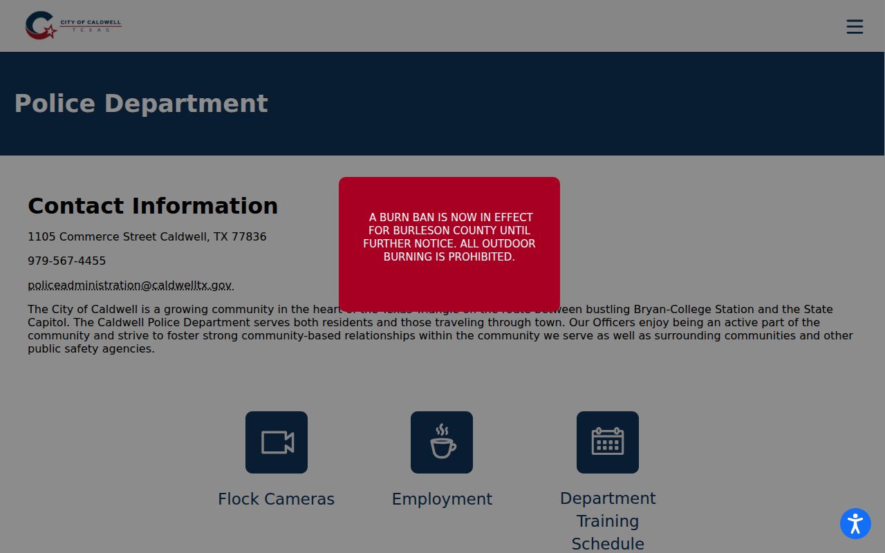 Caldwell Police Department contact page for Caldwell warrant questions