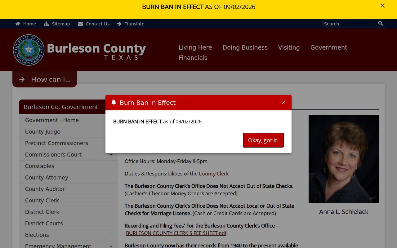 Burleson County Clerk contact and property-record portal distinction