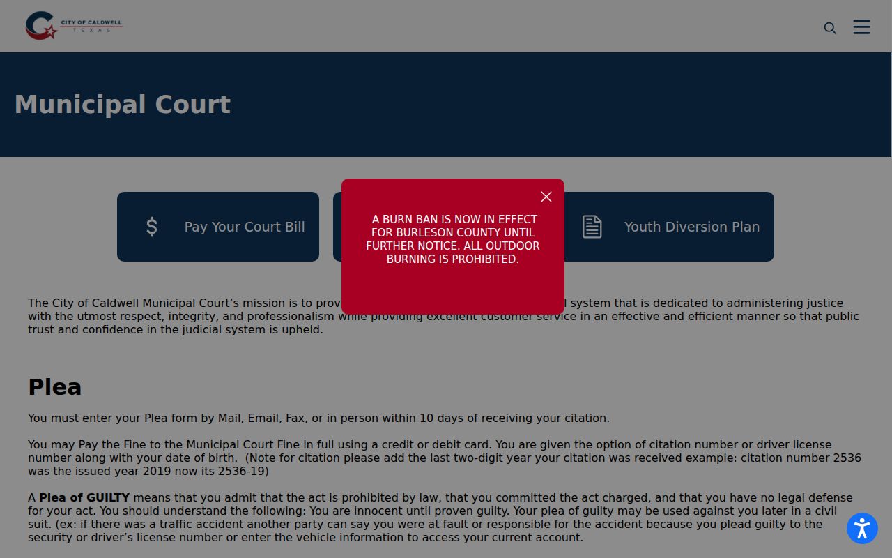 Caldwell citation plea and payment guidance for Caldwell warrant records
