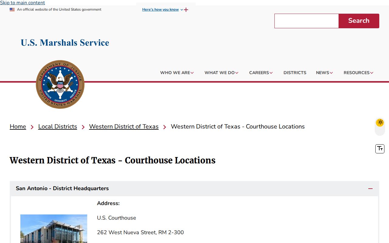 U.S. Marshals Western District of Texas courthouse contact information