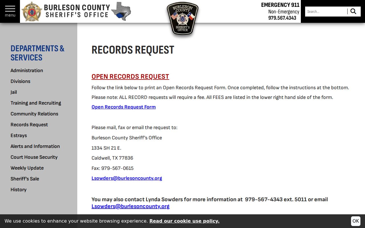 Burleson County sheriff records request route for existing warrant records