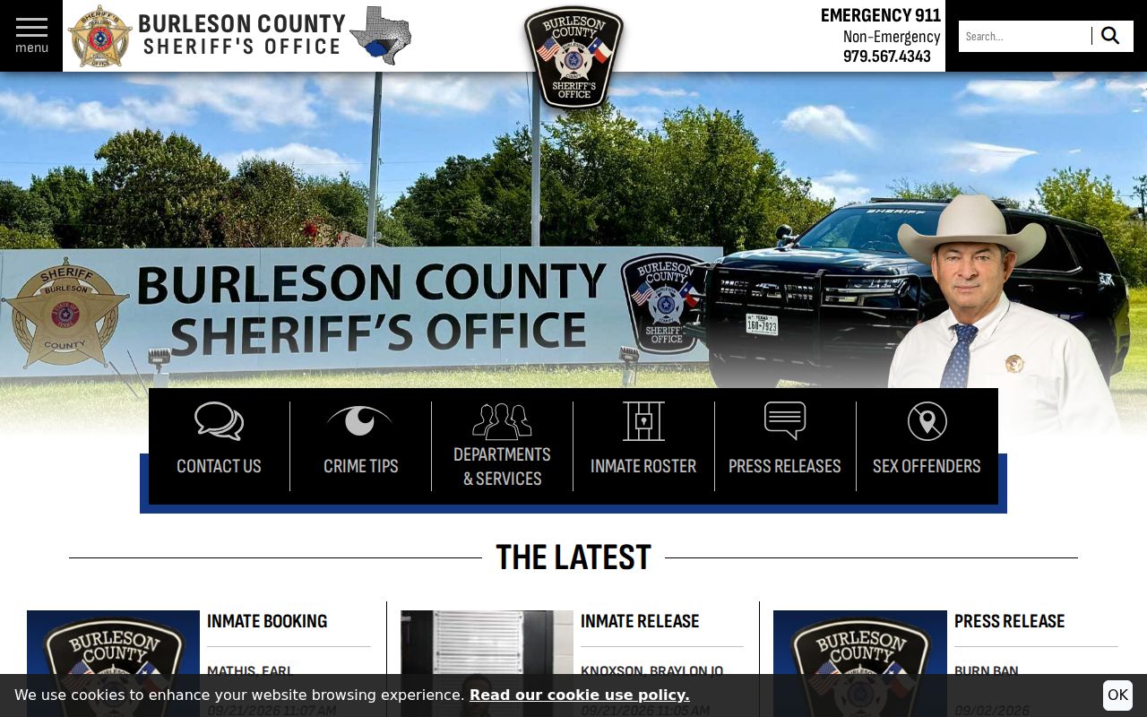 Burleson County Sheriff's Office contact page for warrant questions