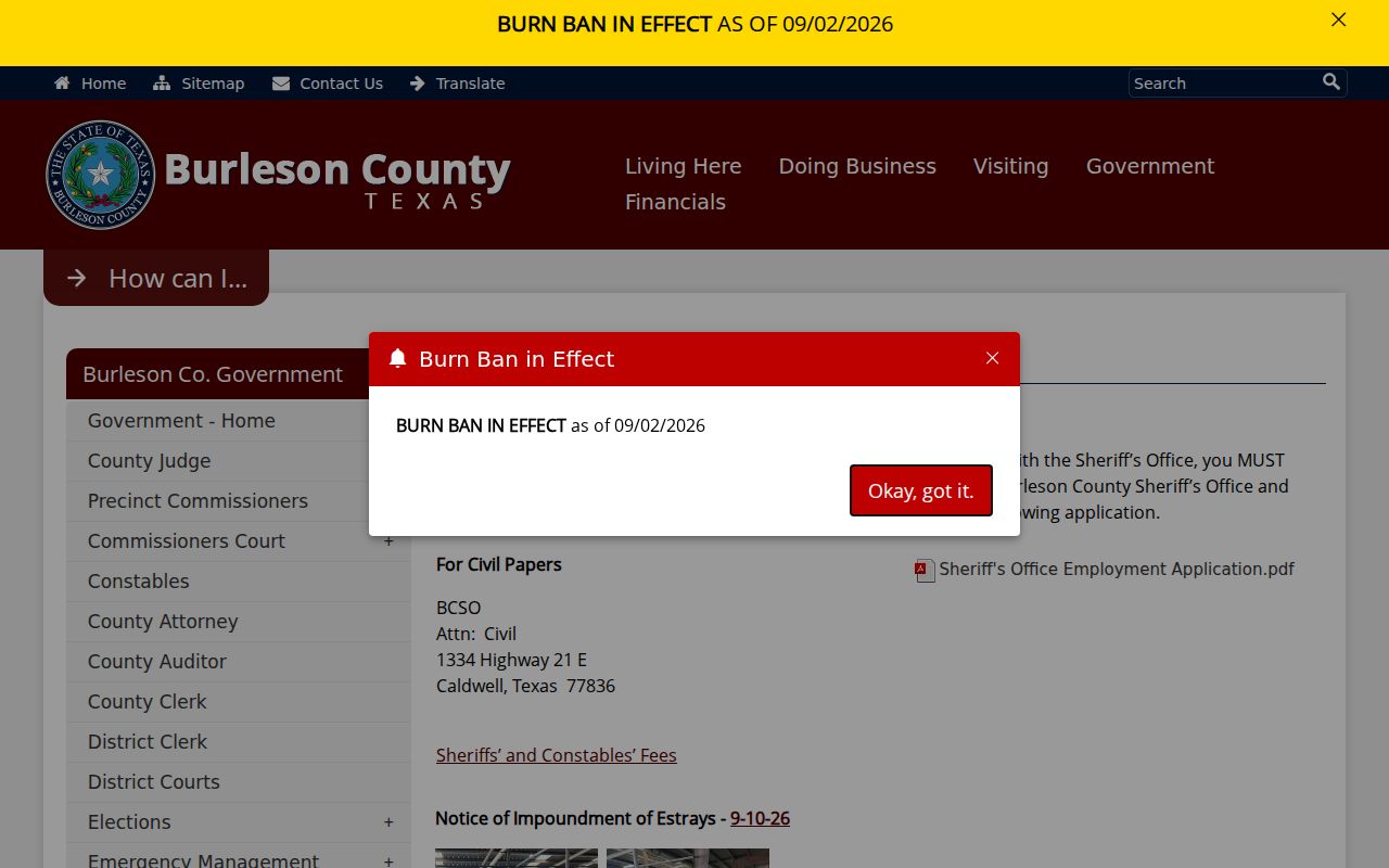 Burleson County sheriff contact details for warrant routing